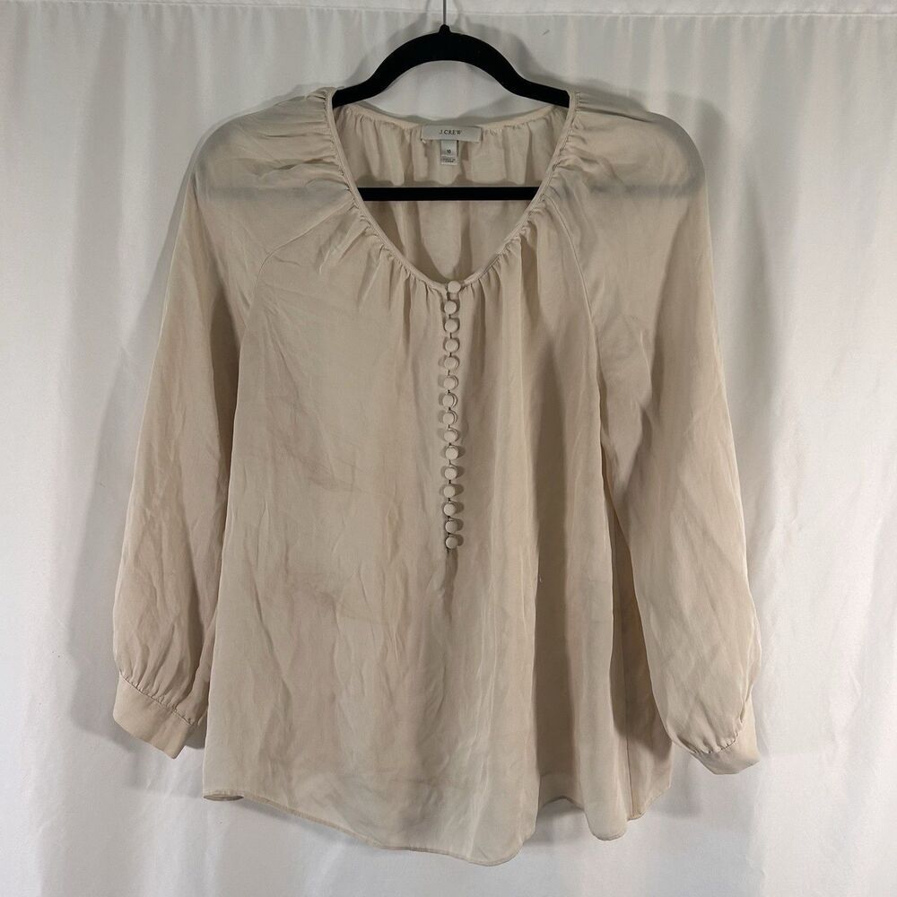 J. Crew 100% Silk Blouse Women's 10 Ivory Long Sleeve Round Neck Lightweight